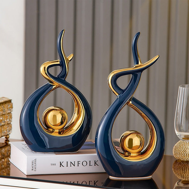 Estátuas em cerâmica com detalhes em dourado - Coleção Elegância Abstrata - Renova Lar